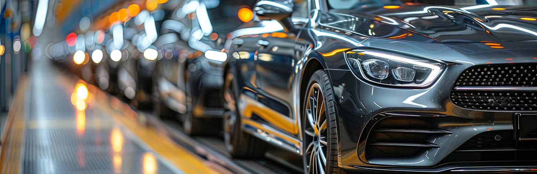 British Felt Shiny new cars in a row bring a sense of home to this brightly lit factory or production line.
