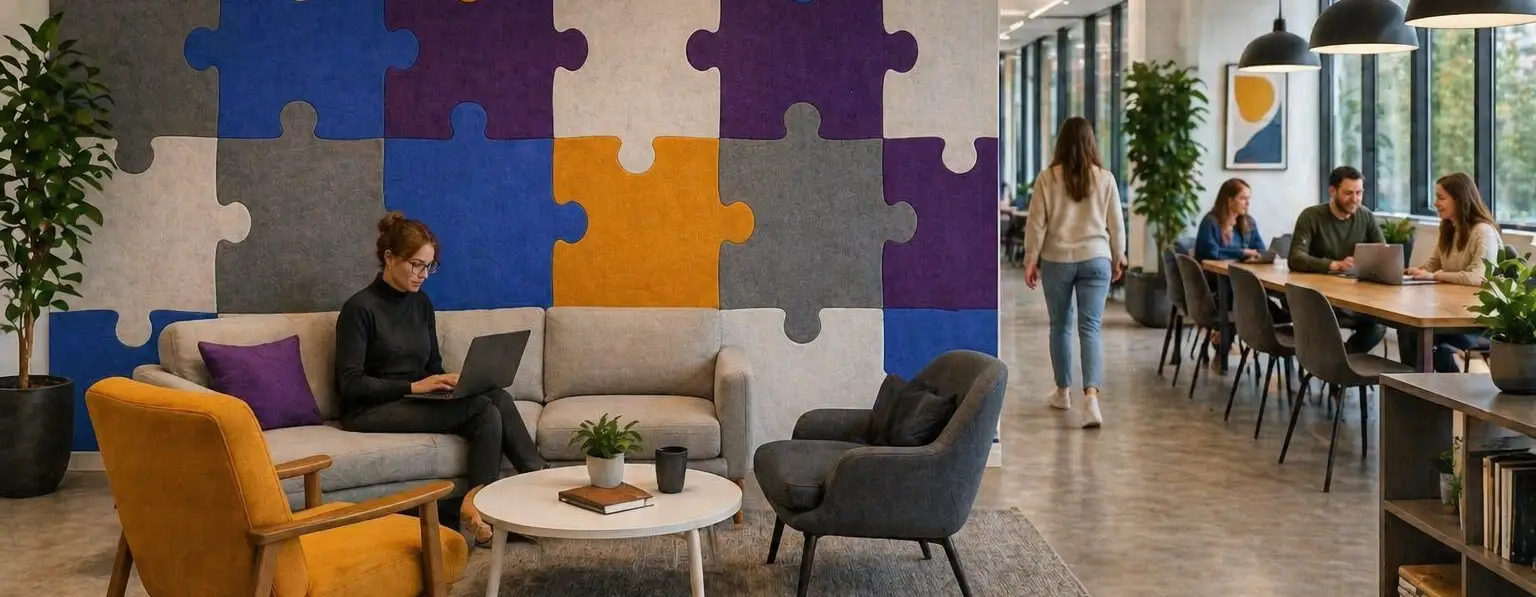 British Felt Modern office with ecozorb puzzle piece wall, enhancing sound quality as people work and relax.