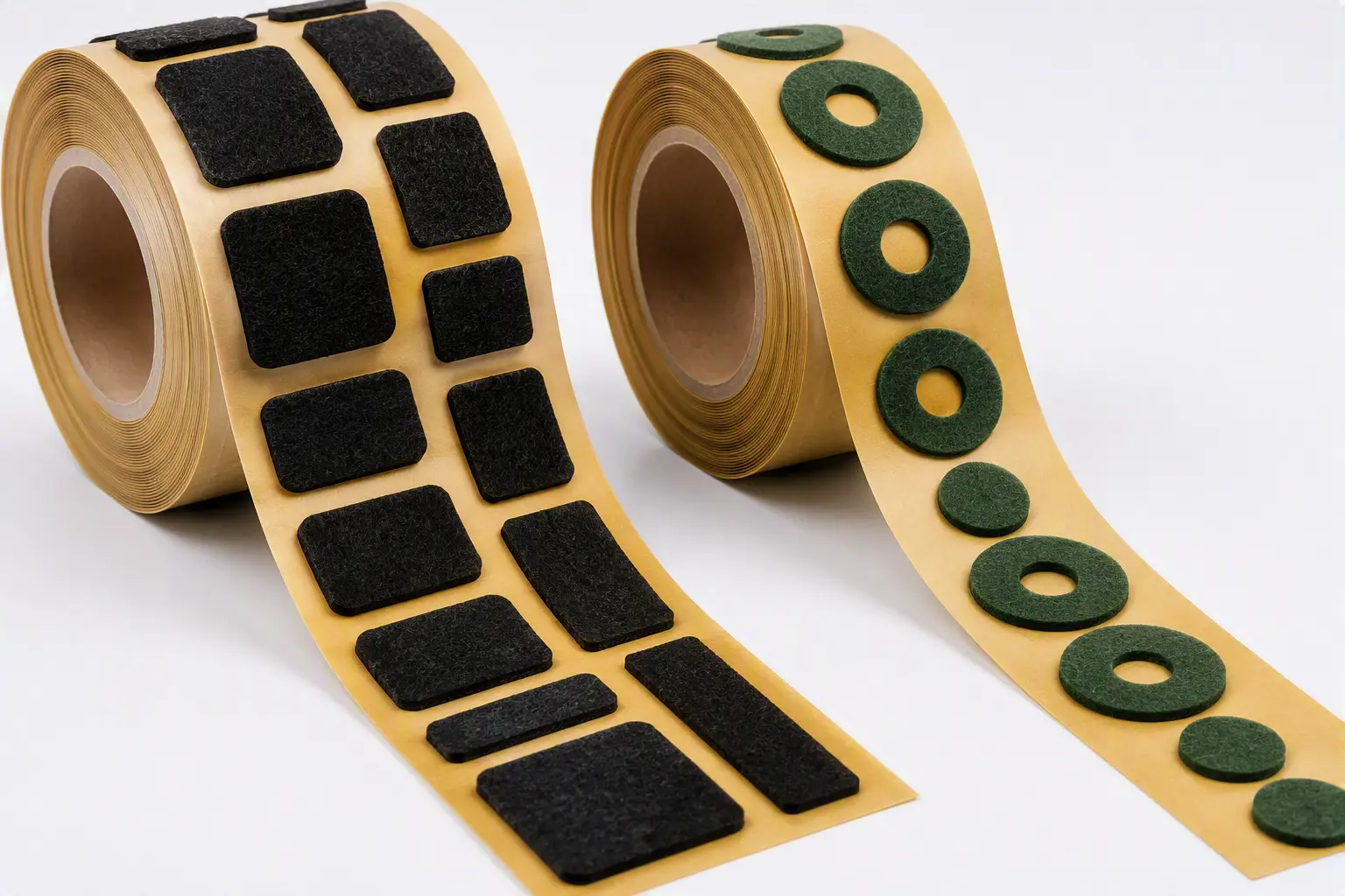 British Felt Two rolls of adhesive felt pads: one with rectangles, one with green circles, each on release liner.